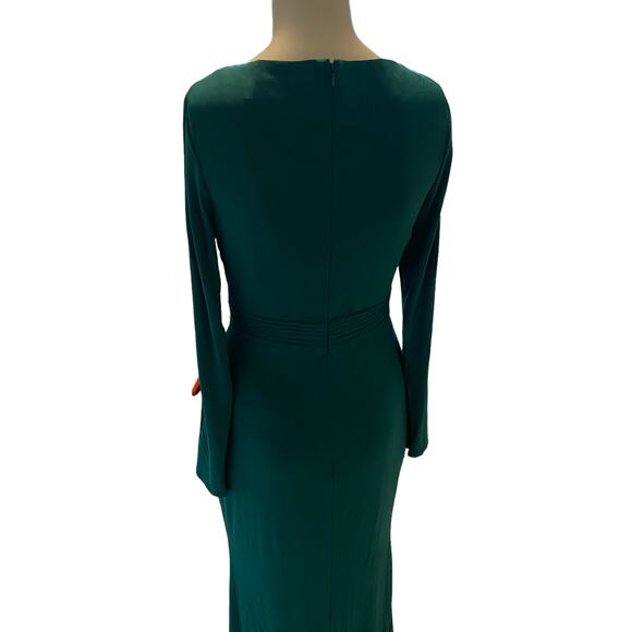 Mac Duggal 26554 V-Neck Long Sleeve Emerald Green Jersey High Slit Gown - Picture 7 of 8